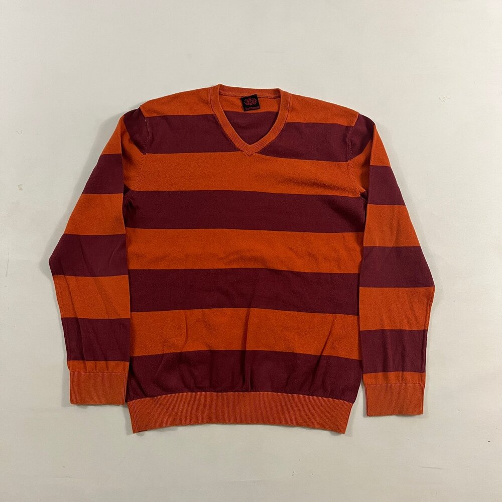 Vintage Royal Testimony Burnt Orange Burgundy Striped V-Neck Knit Sweater